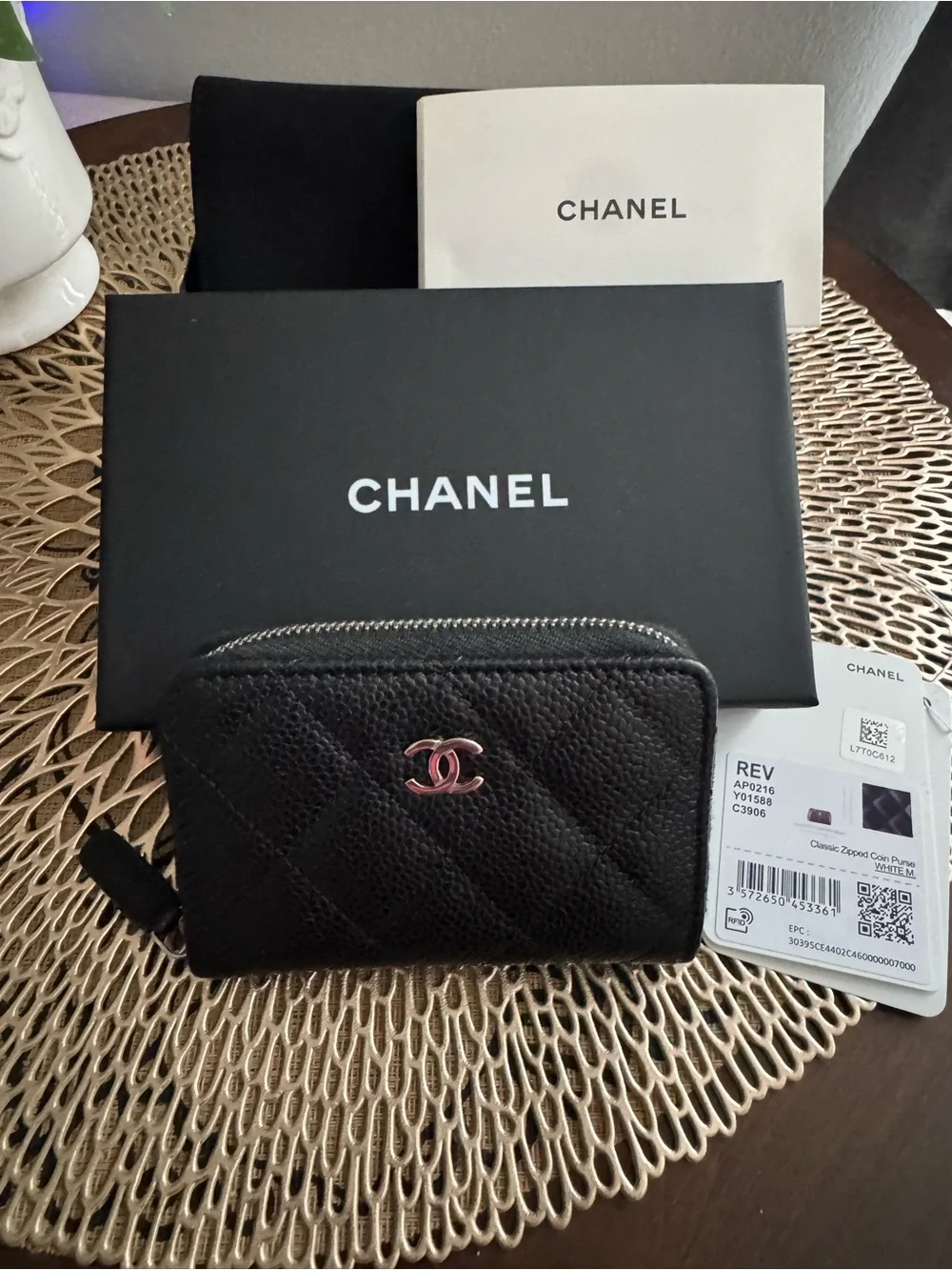 CHANEL Black Quilted Caviar Leather Zip Card Wallet with Silver CC